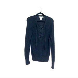 H&M LOGG Label of Graded Goods Womens Navy Lace-Up V Neck Sweater Size Medium